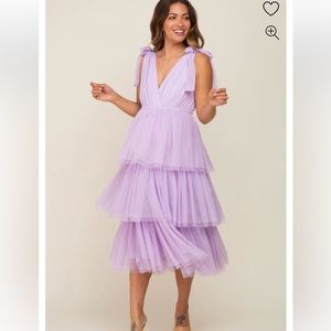 Lavender Sleeveless Tiered Tie Strap Tulle Maternity Midi